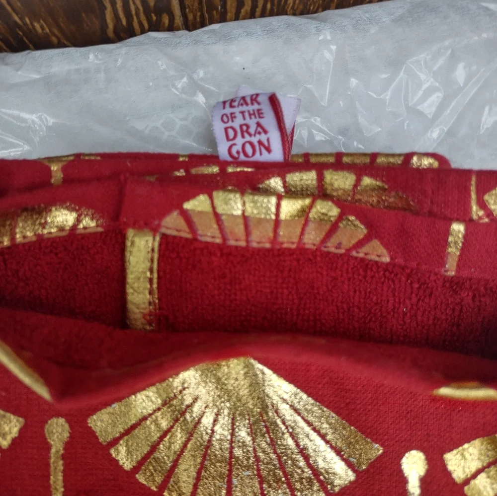 Year Of The Dragon Red Gold Fan Asian Theme Hand Towels Set Of 2